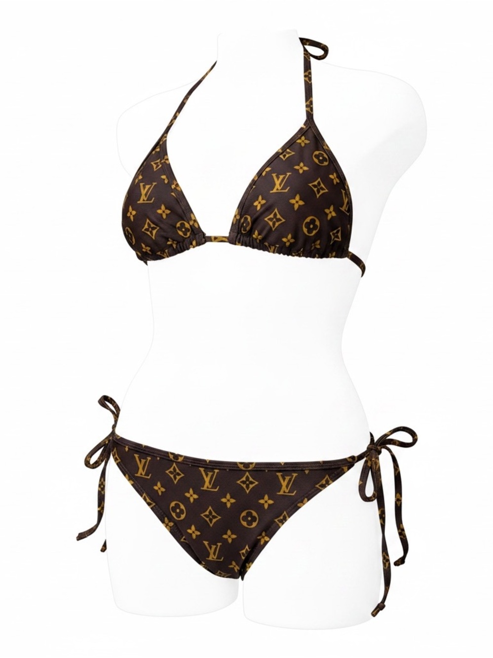 LV Replica Designer-Inspired Brown & Gold Monogram Triangle Bikini - Picture 2 of 5